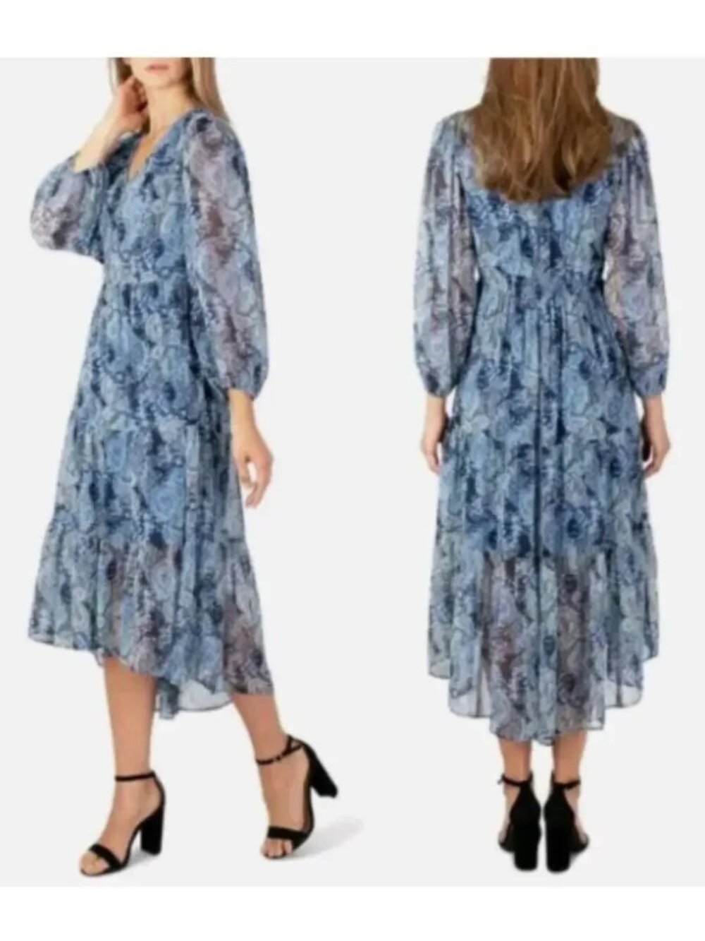 Joie NWT Blue Parisian Paisley Watercolor tiered flowy midi dress size L